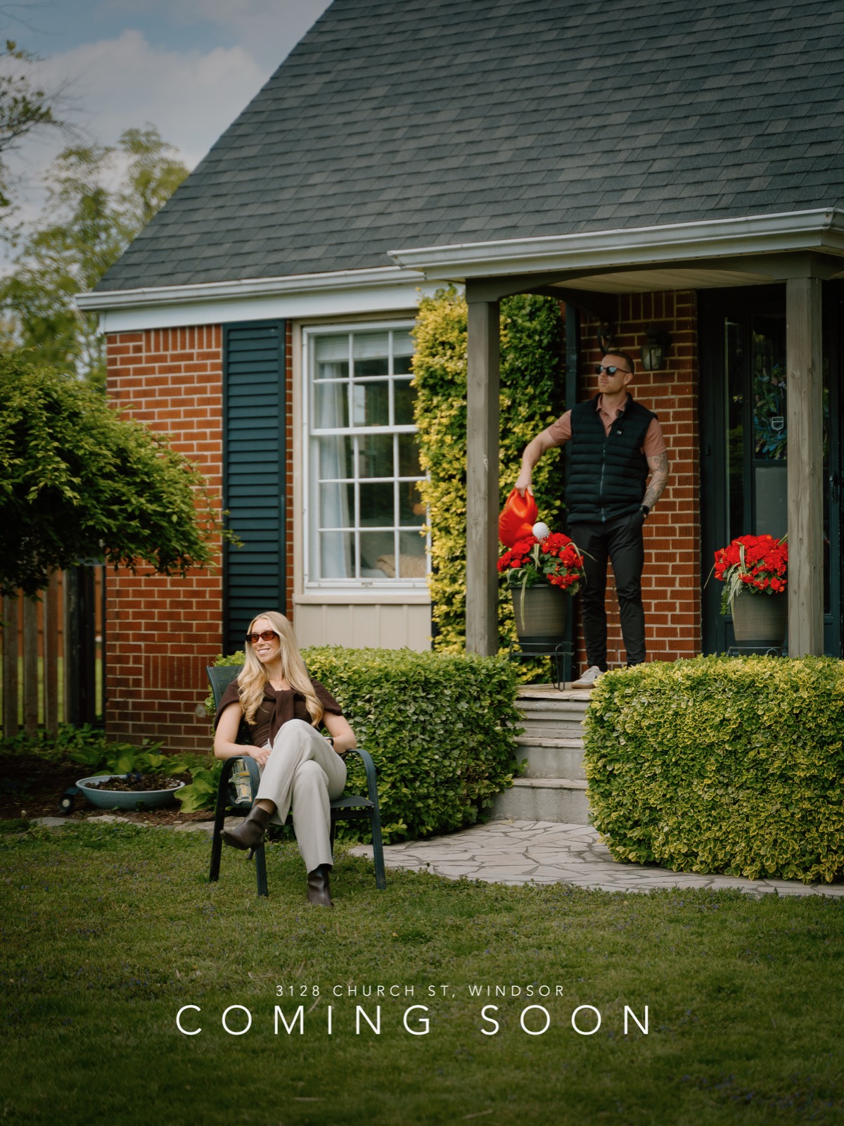 Coming Soon campaign image for 3128 Church St, Windsor, with the team staging the front yard